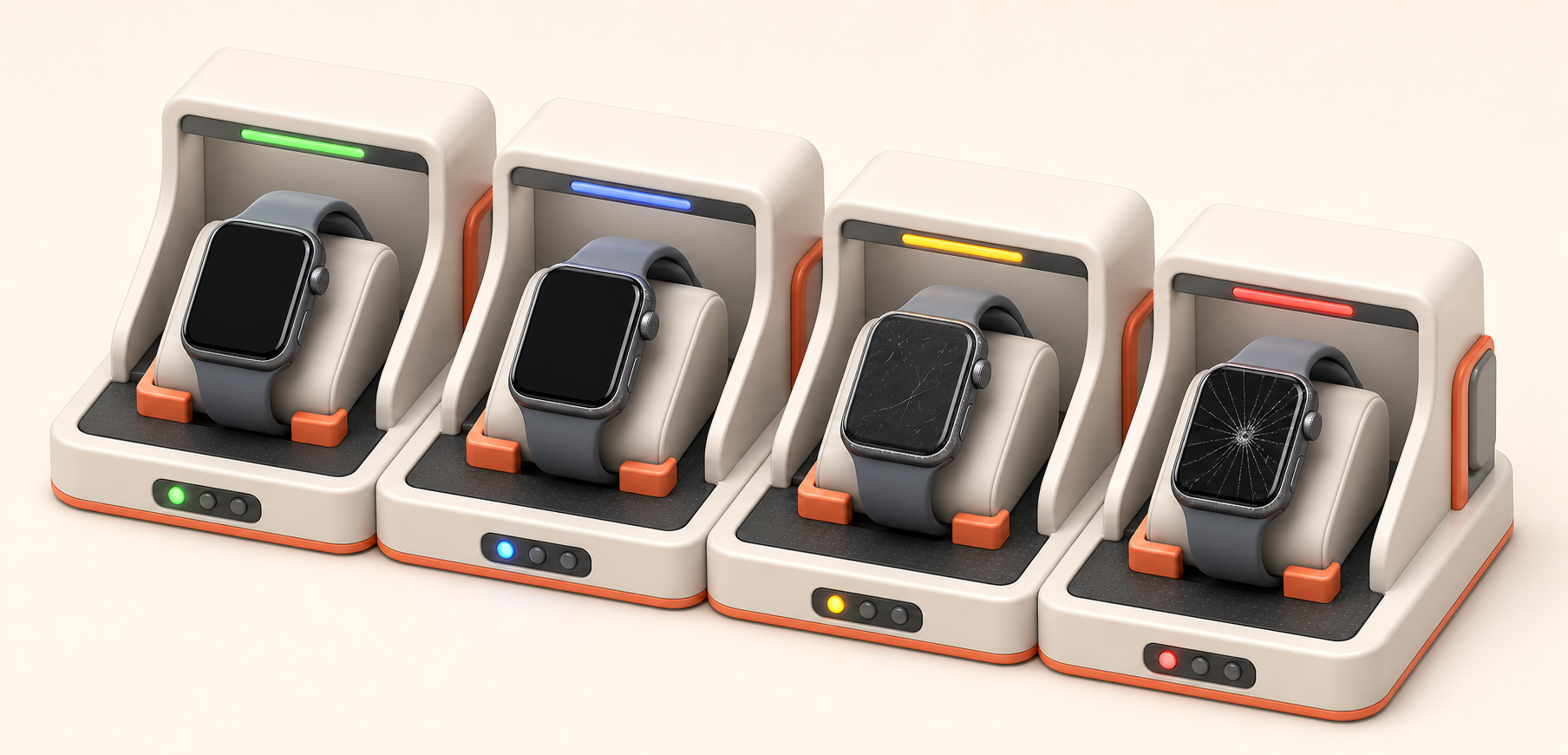 Four watch inspection bays showing mint, good, fair, and faulty conditions